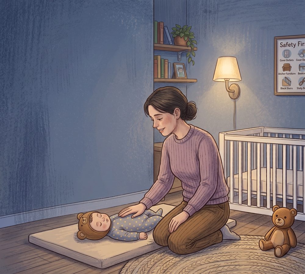 Illustration: a baby lies on their back on a firm flat mat on the floor, dressed in a sleepsuit. Their parent kneels close beside them with one warm palm resting on the baby's tummy, in a nursery lit by a single wall lamp.