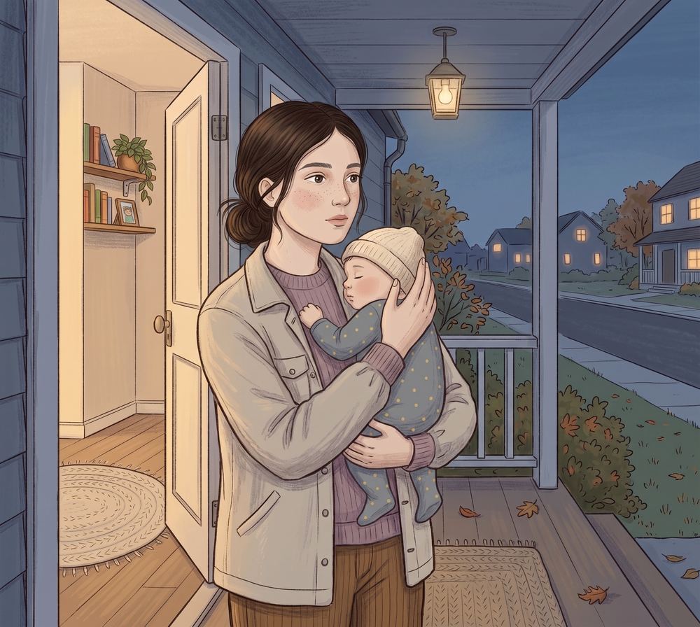 Illustration: a parent in a light jacket steps onto the porch at dusk, holding their baby upright against their chest with one hand under the head. The baby wears a soft knitted hat with the face left completely clear. A warm hallway glows behind them, and quiet lit houses stand across the street.
